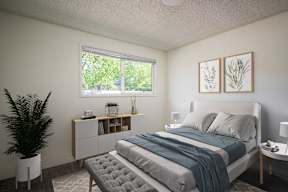 A bedroom with a bed, nightstand, and a plant.