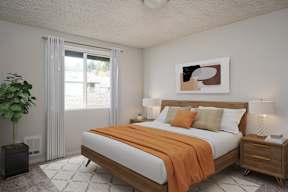A bedroom with a large bed and a painting on the wall.