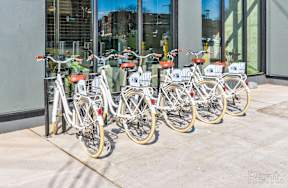 A row of bicycles are parked in front of a building at The Anthem at Square 10 Apartments, New Haven, CT, 06510