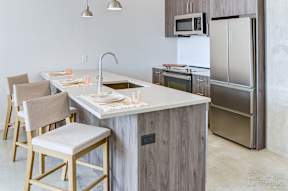 A kitchen with a white countertop and wooden cabinets at The Anthem at Square 10 Apartments, New Haven, CT