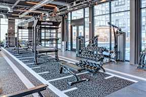 A gym with a variety of equipment including a bench, weights, and a TRX system at The Anthem at Square 10 Apartments, New Haven, CT