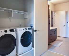 A laundry room with a washer and dryer and a bathroom with a sink and a mirror.
