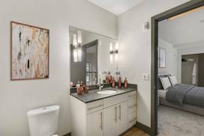 A bathroom with a white toilet, a sink with a mirror above it, and a painting on the wall.