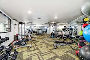 A gym with a variety of equipment including dumbbells, weight machines, and exercise balls.