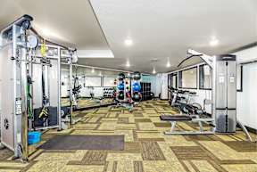 A gym with a variety of equipment including a squat rack, bench press, and a rowing machine.