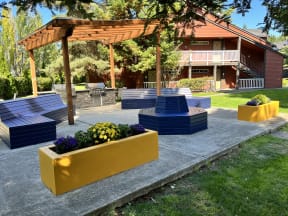 a patio with blue and yellow benches and a wooden pergola