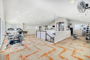 A gym with orange carpeting and exercise equipment.