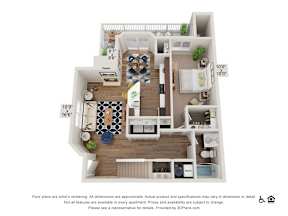 A 3D floor plan of an apartment with a living room, kitchen, and bedrooms.