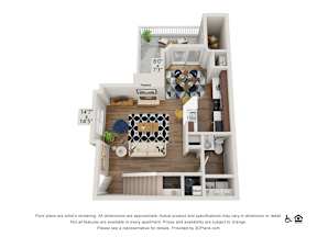 A 3D floor plan of a small apartment with a living room, kitchen, and bathroom.