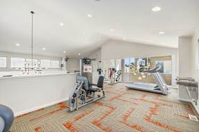 A gym with orange carpeting and various exercise equipment.