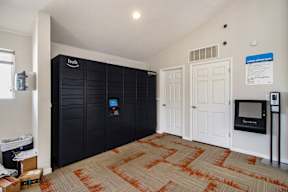 A room with a black storage unit and a white door.