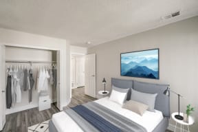 a bedroom with a bed and a closet