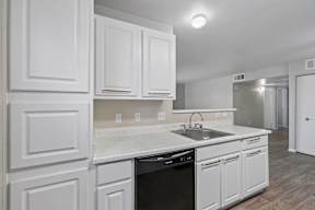A kitchen with white cabinets and a black dishwasher.