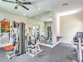 the home gym has a large mirror and plenty of exercise equipment at Silver Creek Apartments, Las Vegas, NV, 89122