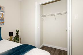 A bedroom with a bed, a plant, a lamp, and a closet.