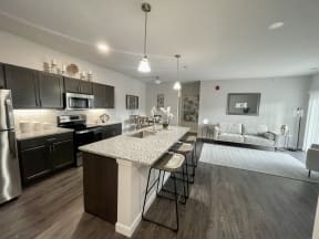 a kitchen and living room in a two bedroom apartment
