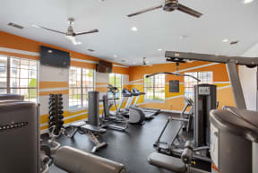 a gym with cardio equipment and windows