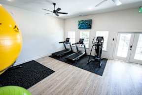 A room with a treadmill, exercise bike, and a fan.