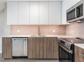 A kitchen with a stainless steel dishwasher and oven.