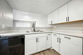 A kitchen with white cabinets and a black dishwasher.