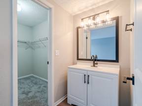 A bathroom with a white vanity and a large mirror.