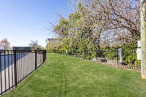 A black fence runs along a green lawn.