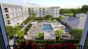 Aerial view of clubhouse and pool at Forest Edge Apartments, Charlestown, IN