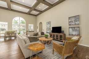 a living room with couches and chairs and a television