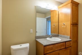 the view of a bathroom with a toilet sink and mirror