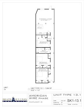 A floor plan for a kitchen/living room with a unit type of 13.1 - 1564 SF.
