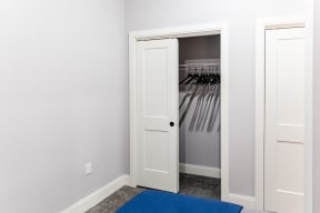 a closet with a white door and a blue rug