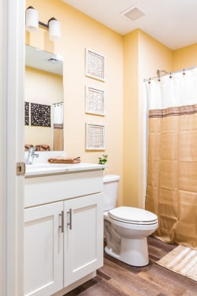 a bathroom with a white sink and toilet next to a shower with a brown shower curtain