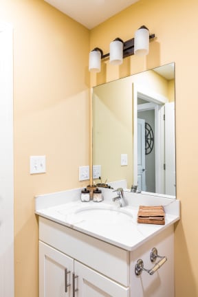 a bathroom with a white sink and a large mirror