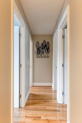 A hallway with a white door and a wall hanging.