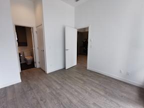A room with white walls and wood flooring with two open doors.