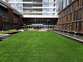 A large grassy area in front of a modern building.