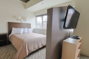 a bedroom with a bed and a tv in a hotel room