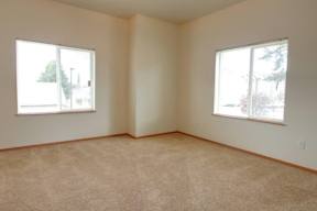 A room with two windows and carpeted floor.