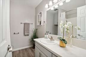 A bathroom with a white sink and a mirror.
