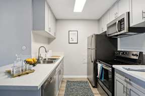 A modern kitchen with a black refrigerator and stove.