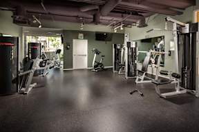 A gym with a variety of equipment including a treadmill, weights, and a bench press.