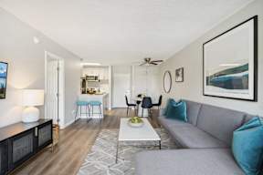 A living room with a grey couch and a white coffee table.