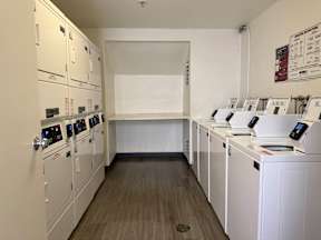 A row of white washing machines in a laundromat.