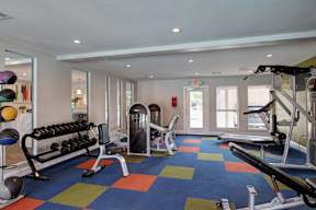 A gym with a variety of equipment including a bench press, a leg press machine, and a treadmill.