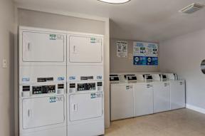 A row of washing machines are lined up in a laundromat.