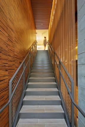 a flight of stairs with a person walking down the middle