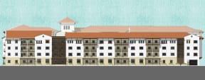 a rendering of an apartment building with a red roof
