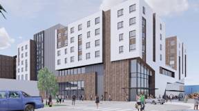 a rendering of a building with people walking in front of it