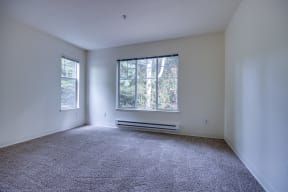 an empty room with carpet and a large window
