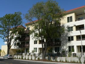 a row of apartment buildings with trees in front of them